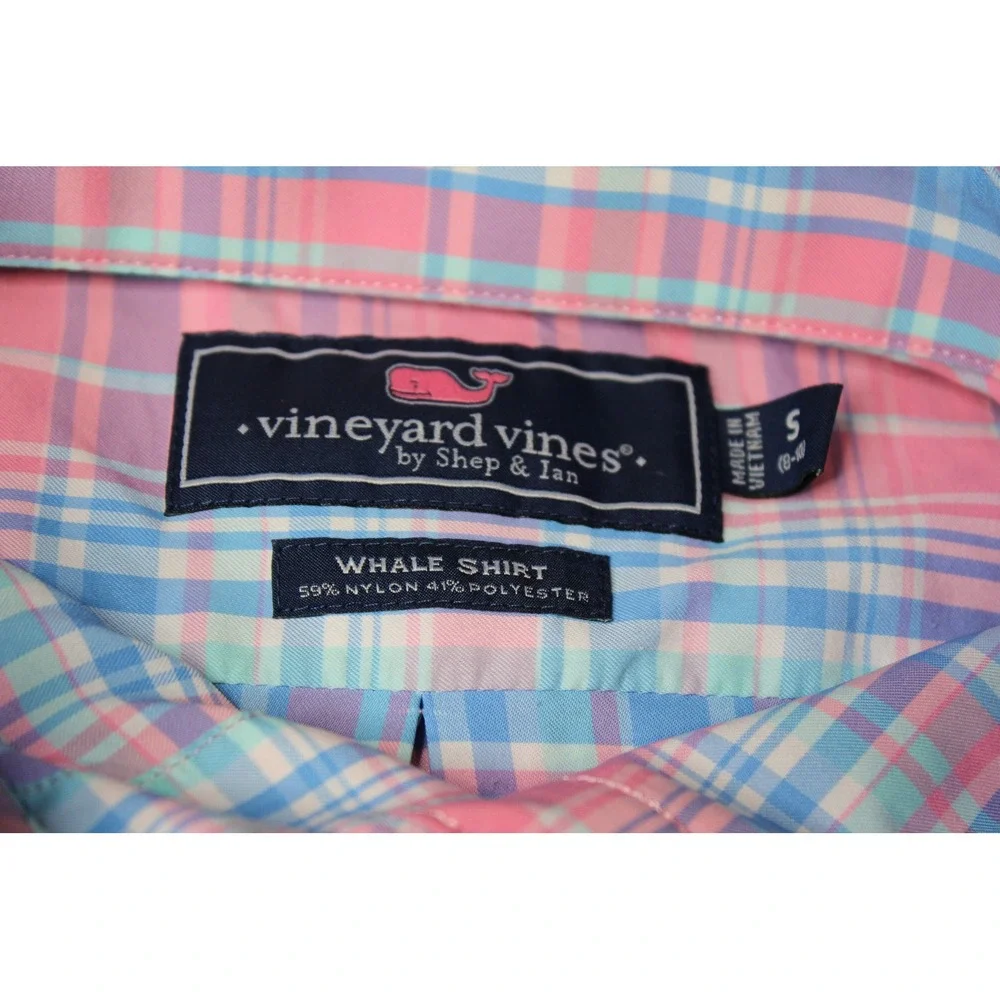 Vineyard Vines Boys Small Pink Blue Plaid Whale Shirt Performance Button Down‎